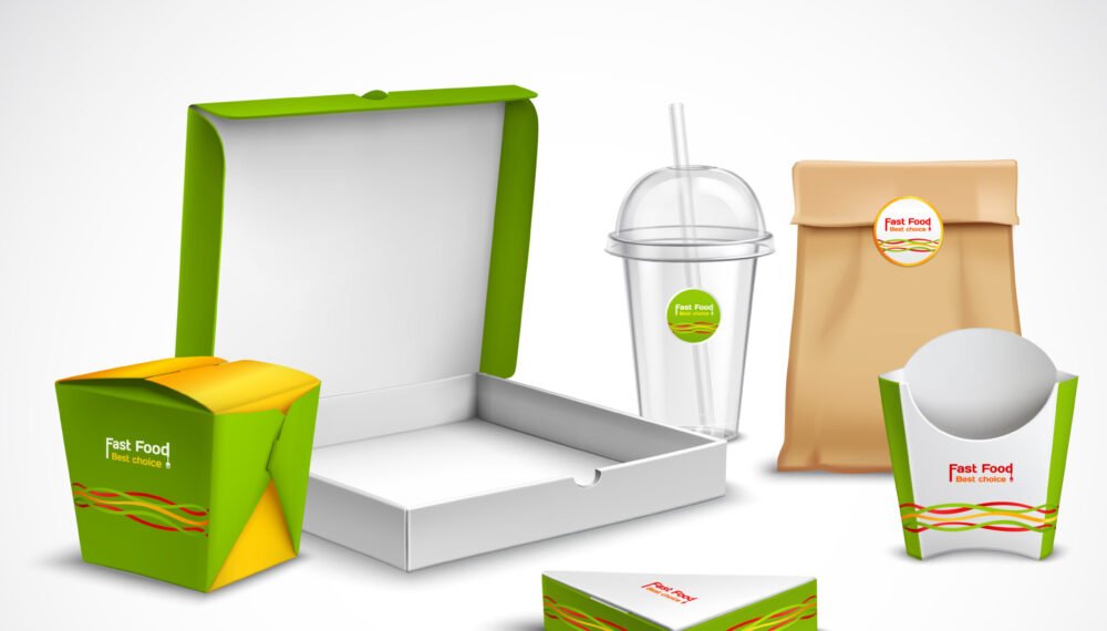 Fast food packaging corporate identity realistic templates samples set with vibrant green-white  pizza box vector illustration